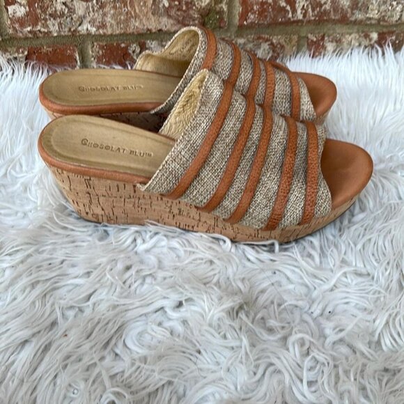 Chocolat Blu Women's Linen Leather Slip-On Cork Platform Wedge Sandal Heels Sz 8 - Picture 10 of 12
